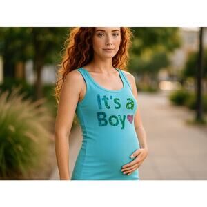 Moody Mamas It's a Boy Maternity Ribbed Tank Blue Bling Pink Green NEW Size M